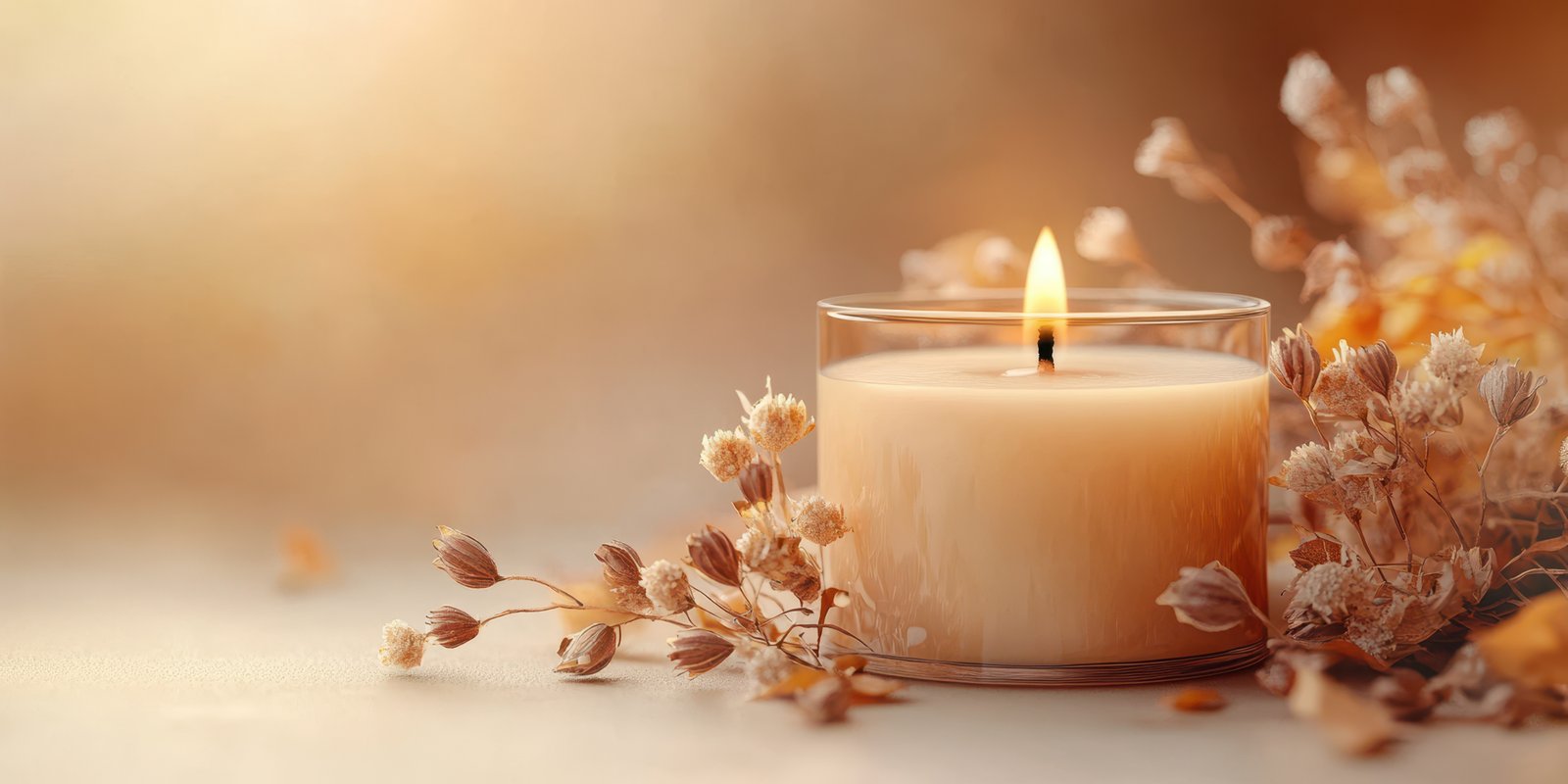 Elegant candle surrounded by dried flowers creates a warm ambiance in a cozy setting during evening
